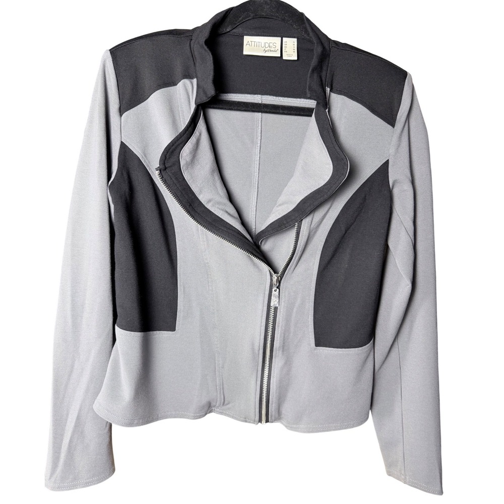Attitudes by Renee Womens Grey Black Colorblock 90s Moto Jacket Mock Neck Size S